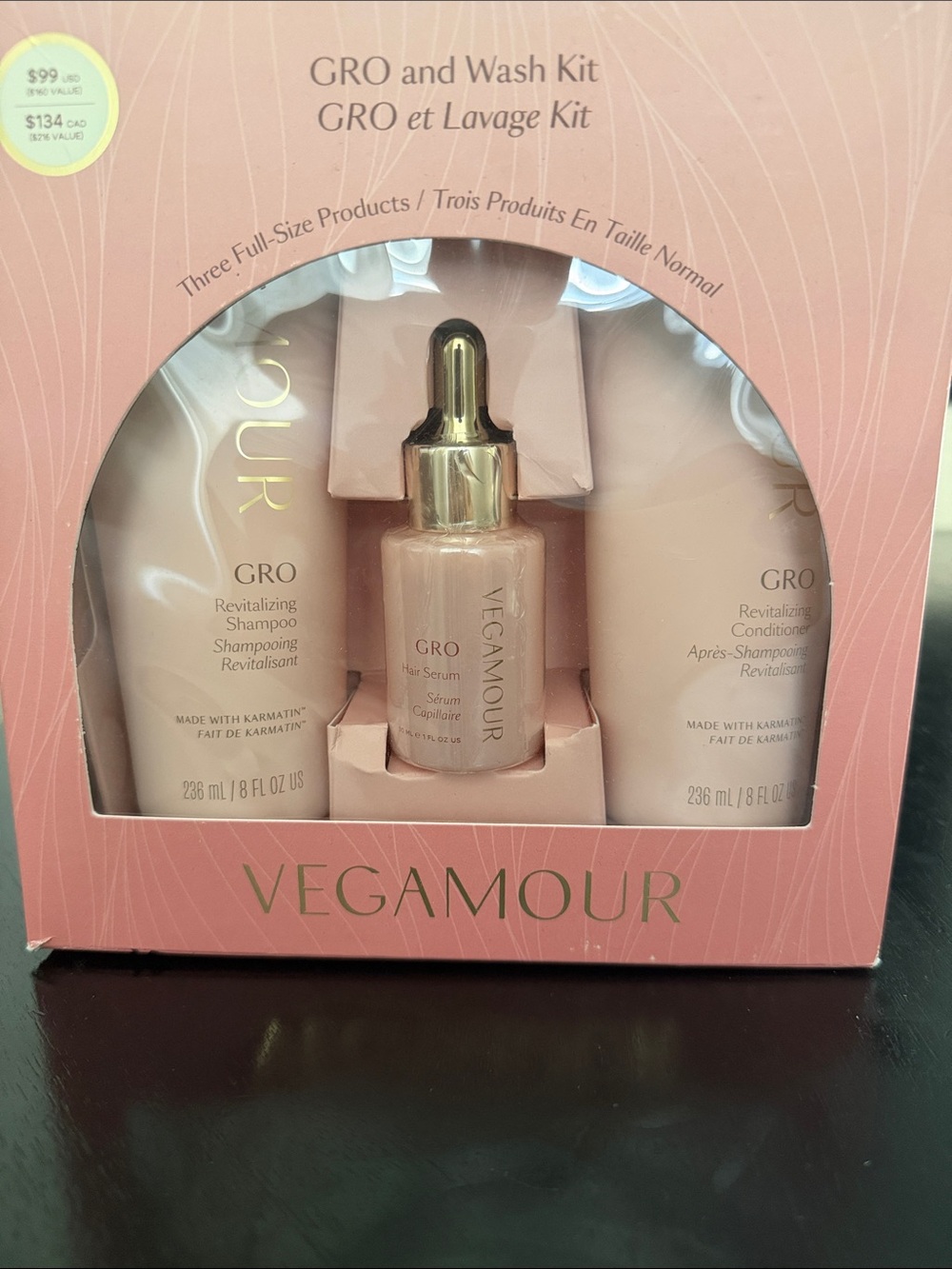 Vegamour GRO and Wash Kit - Pink Revitalizing Shampoo, Conditioner & Serum